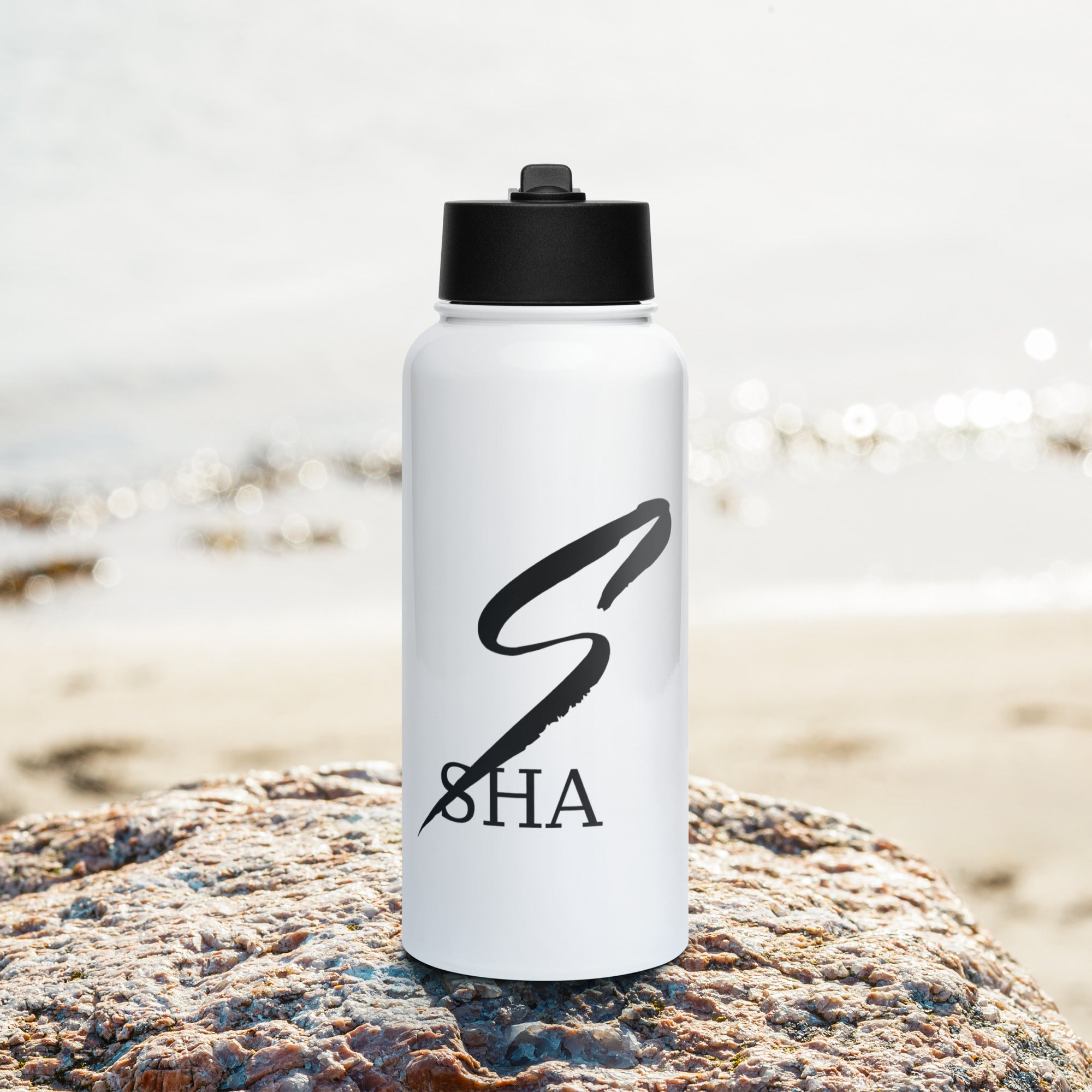 WHITE w Logo-Stainless steel water bottle with a straw lid
