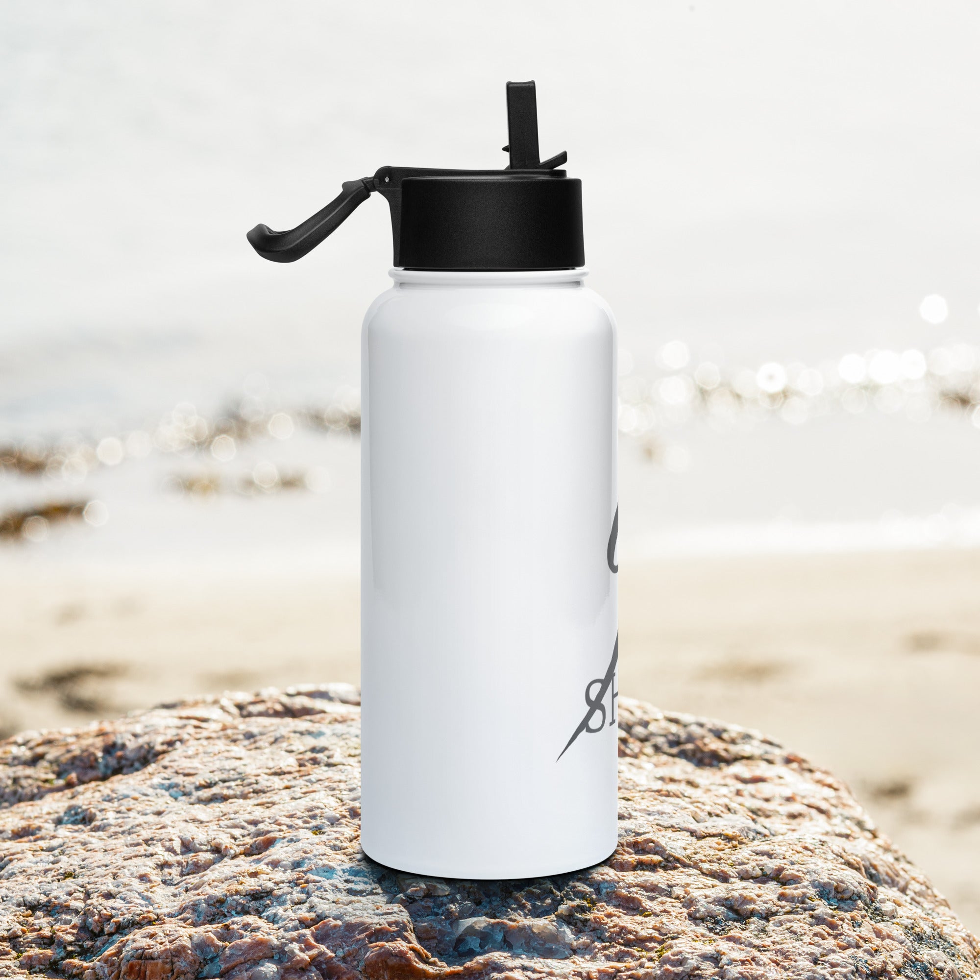 WHITE w Logo-Stainless steel water bottle with a straw lid