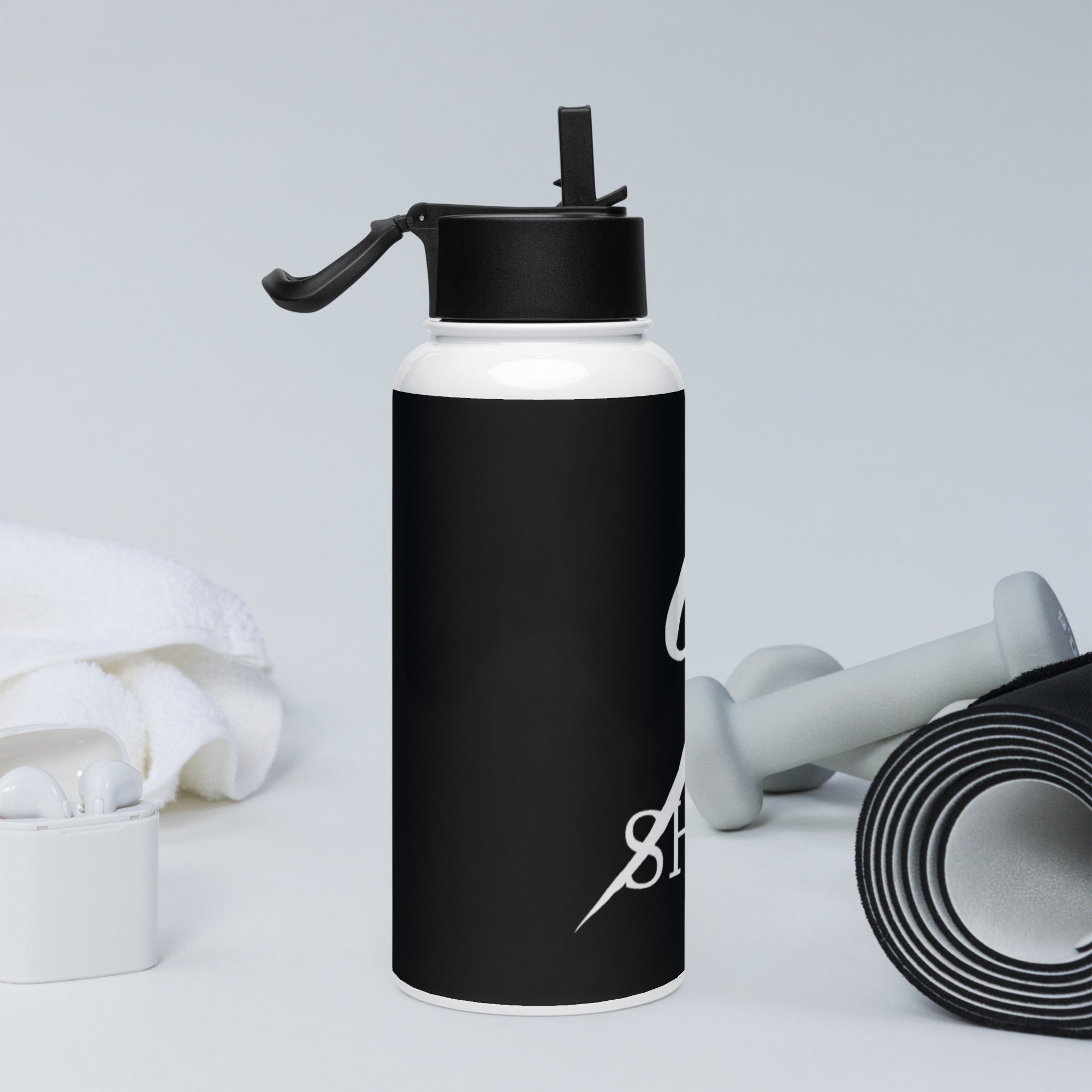black W logo-Stainless steel water bottle with a straw lid